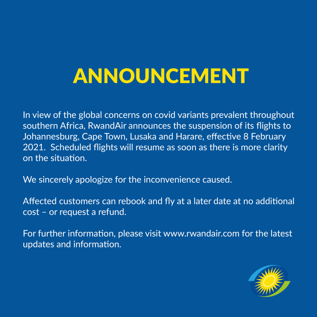 Temporary Suspension Of Rwandair Flights To From Johannesburg Cape Town Lusaka Harare Rwandair Rwandair Temporary Suspension Of Rwandair Flights To From Johannesburg Cape Town Lusaka Harare Rwandair Rwandair